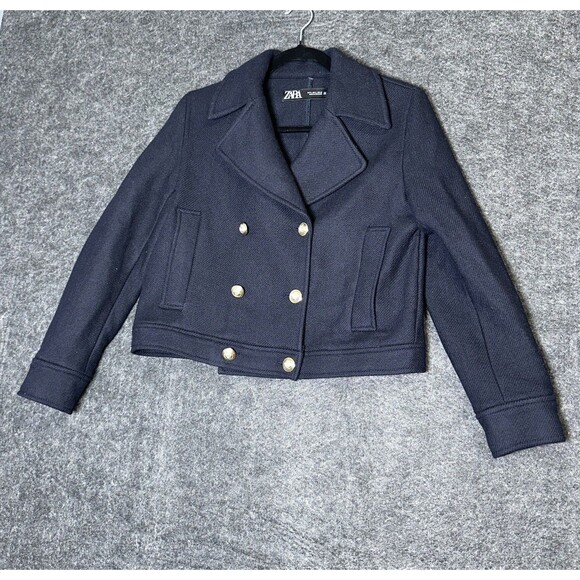ZARA WOMAN  WOOL BLEND CROPPED COAT JACKET GOLD BUTTON Navy size Small - Picture 3 of 13